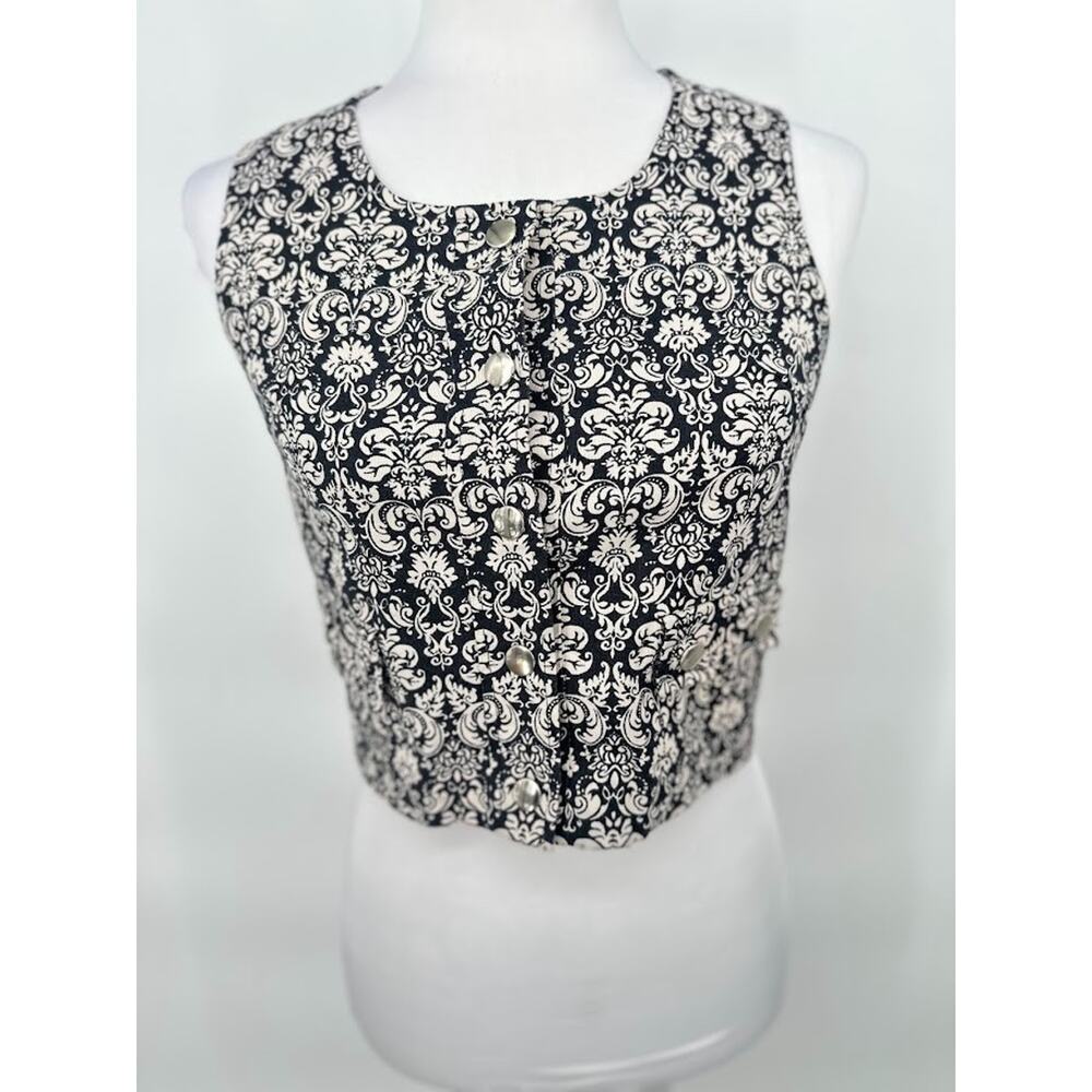 Vintage Swedish Damask Canvas Top Vest Black White Artsy Boho Size XS Baroque